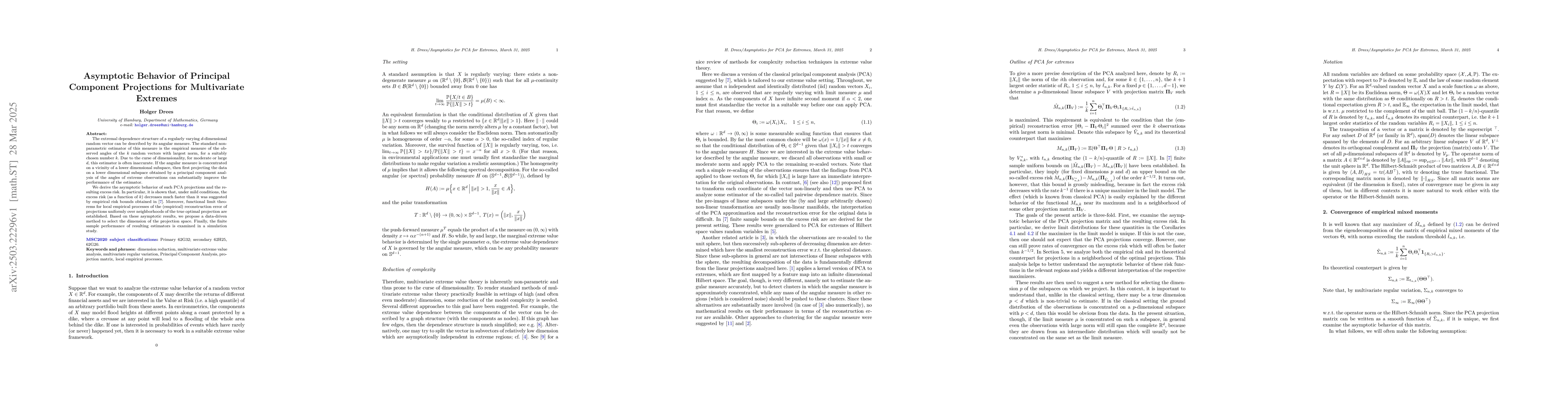 Thumbnail for Asymptotic Behavior of Principal Component Projections for Multivariate
  Extremes