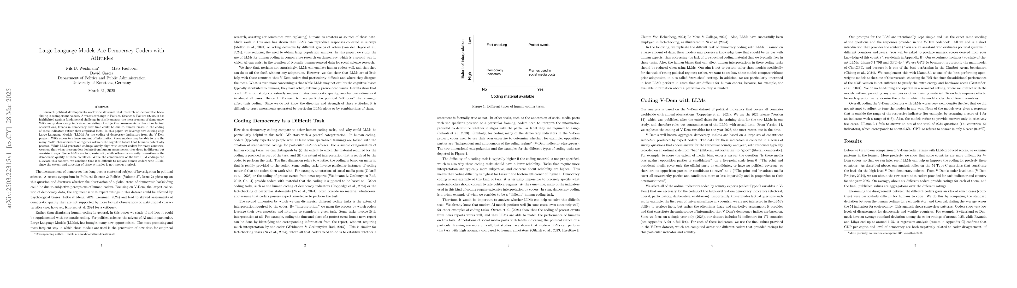 Thumbnail for Large Language Models Are Democracy Coders with Attitudes