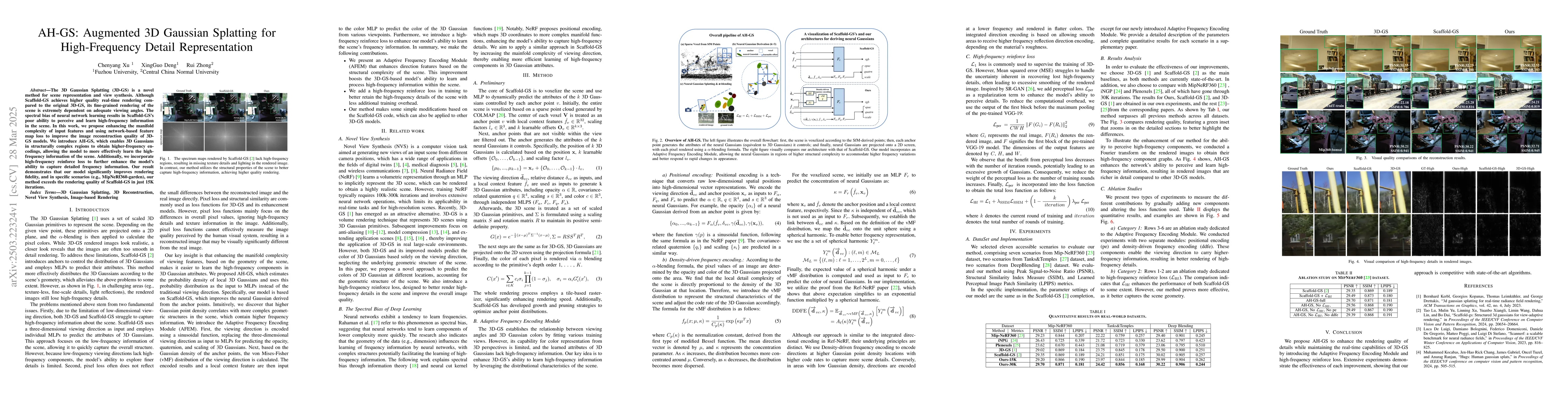 Thumbnail for AH-GS: Augmented 3D Gaussian Splatting for High-Frequency Detail Representation