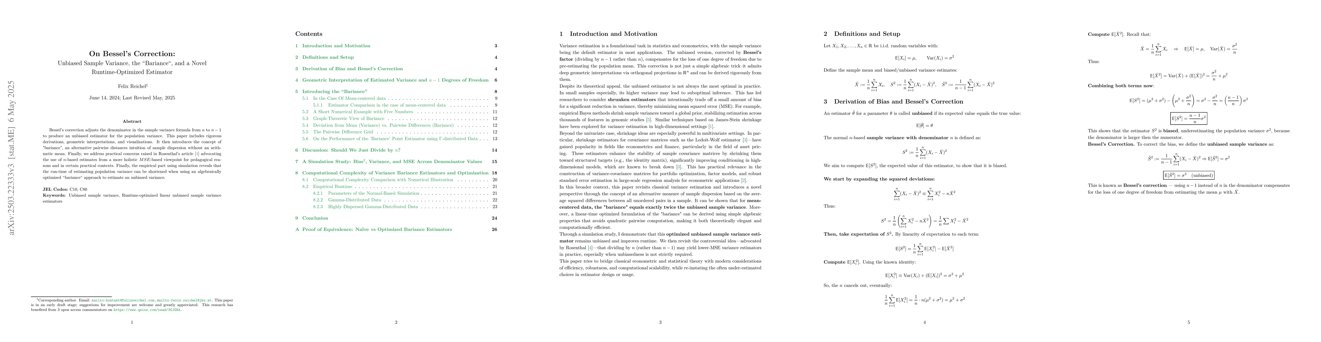 Thumbnail for On Bessel's Correction: Unbiased Sample Variance, the "Bariance", and a
  Novel Runtime-Optimized Estimator