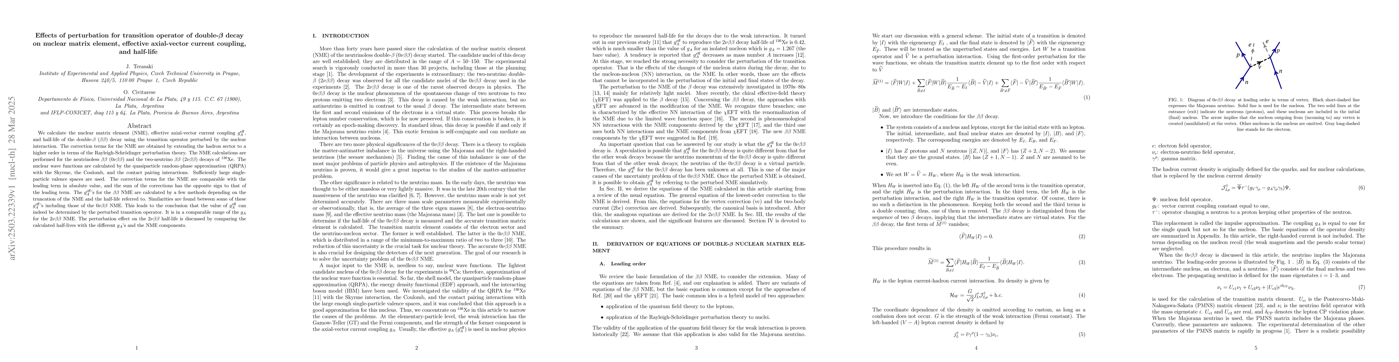 Thumbnail for Effects of perturbation for transition operator of double-$β$
  decay on nuclear matrix element, effective axial-vector current coupling, and
  half-life