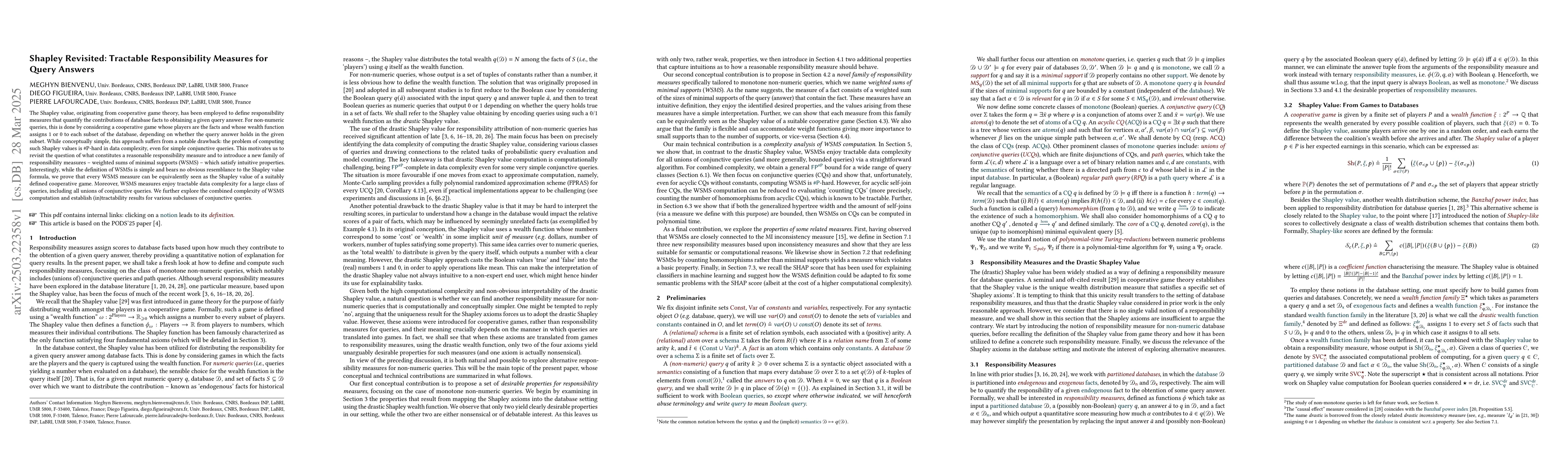 Thumbnail for Shapley Revisited: Tractable Responsibility Measures for Query Answers