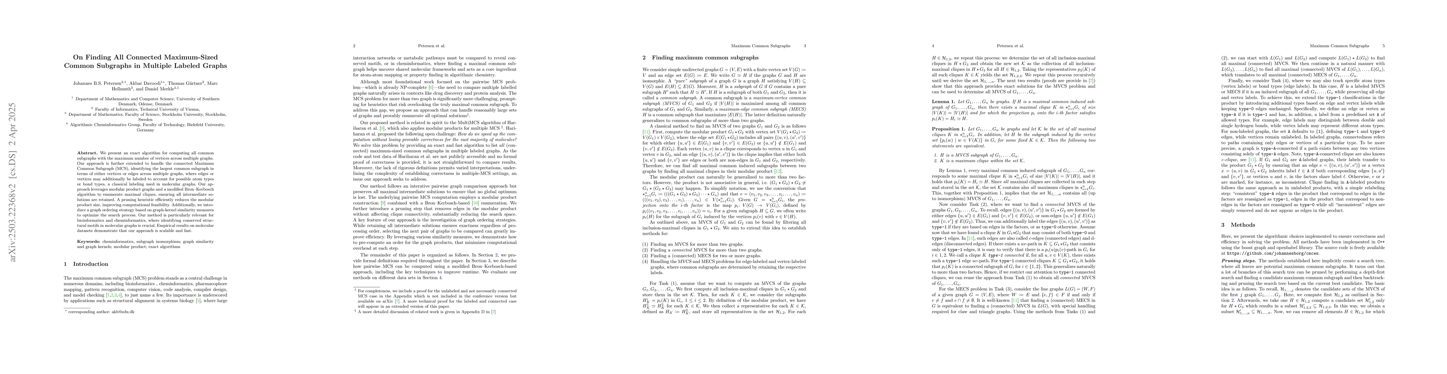 Thumbnail for On Finding All Connected Maximum-Sized Common Subgraphs in Multiple
  Labeled Graphs