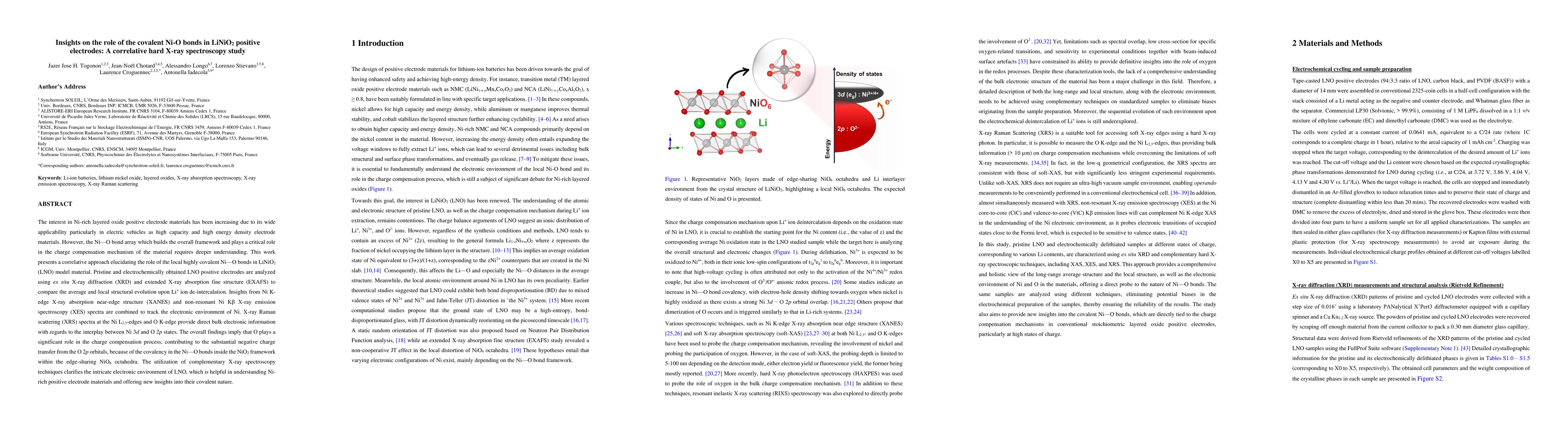Thumbnail for Insights on the role of the covalent Ni-O bonds in LiNiO2 positive
  electrodes: A combined hard X-ray spectroscopy study