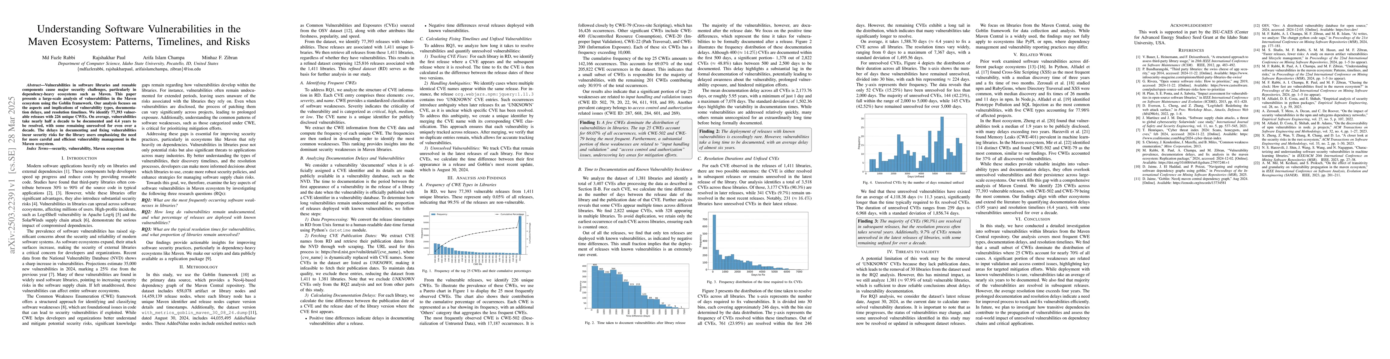 Thumbnail for Understanding Software Vulnerabilities in the Maven Ecosystem: Patterns,
  Timelines, and Risks