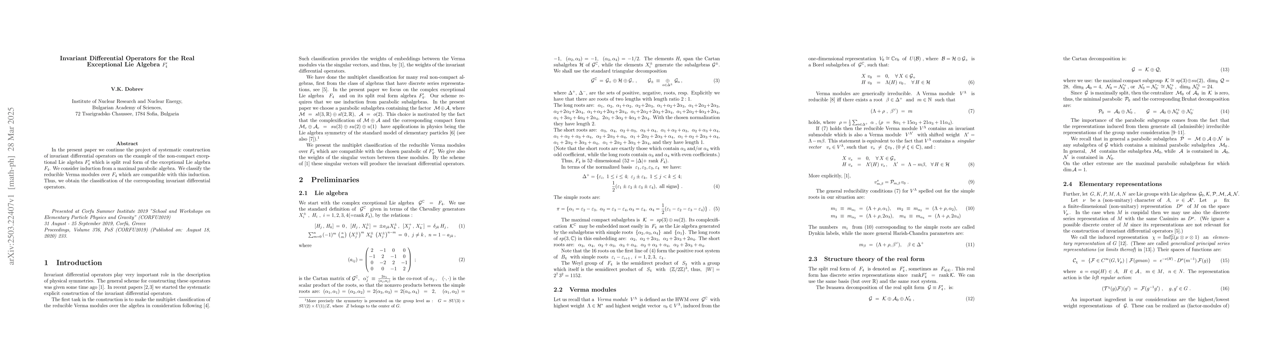 Thumbnail for Invariant Differential Operators for the Real Exceptional Lie Algebra
  $F'_4$