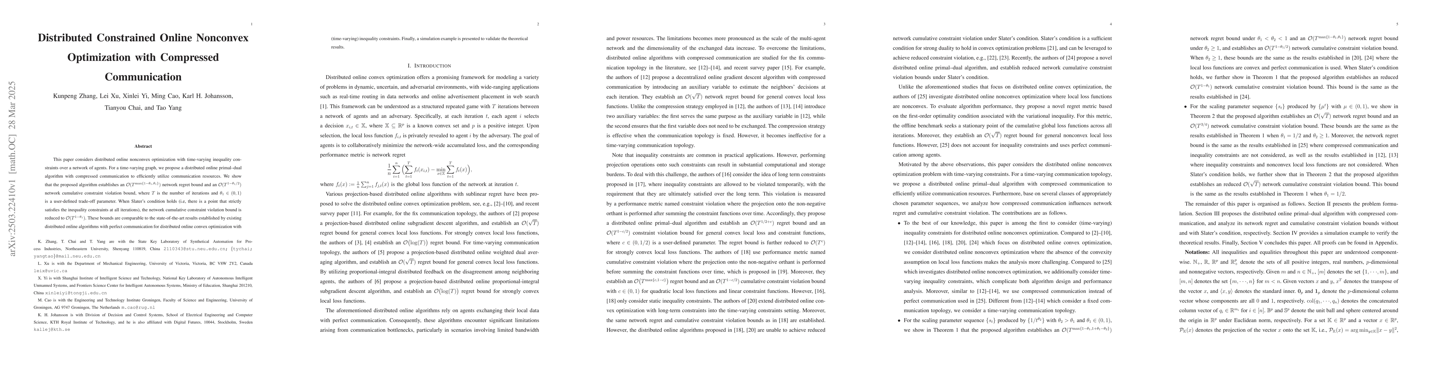 Thumbnail for Distributed Constrained Online Nonconvex Optimization with Compressed
  Communication