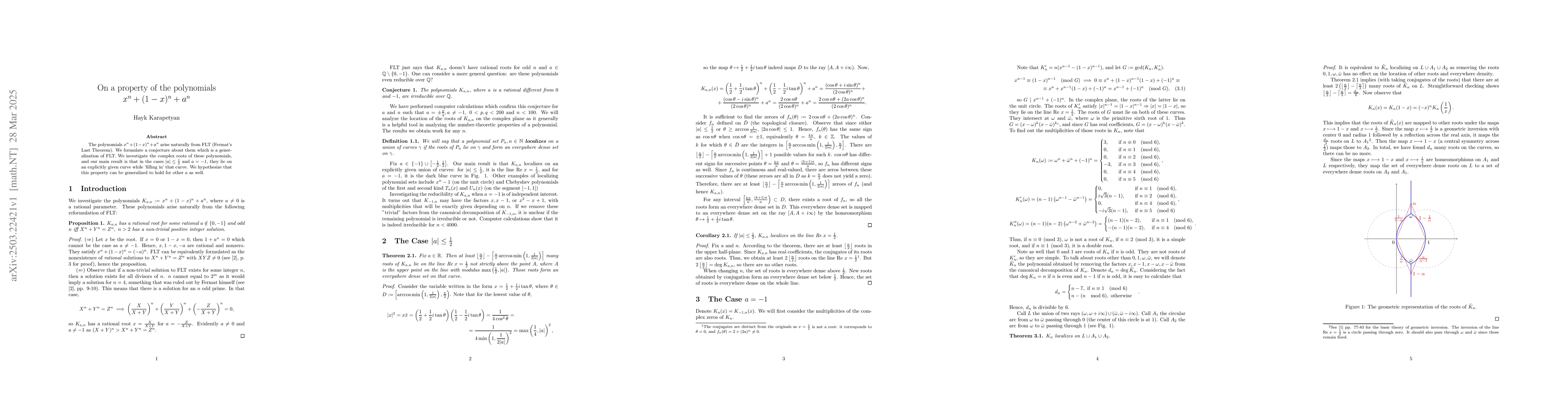Thumbnail for On a property of the polynomials $x^n + (1-x)^n + a^n$