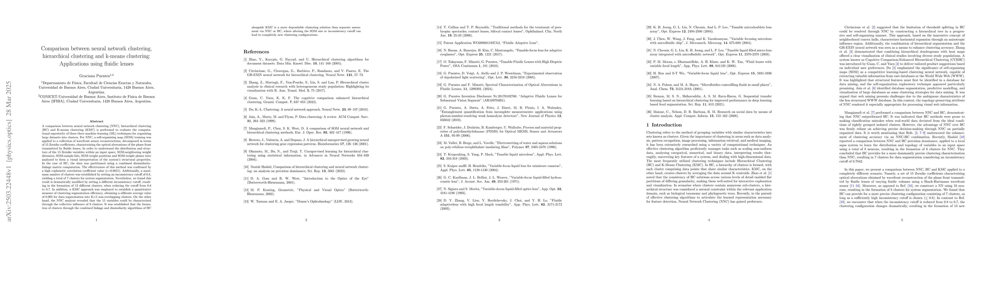 Thumbnail for Comparison between neural network clustering, hierarchical clustering
  and k-means clustering: Applications using fluidic lenses