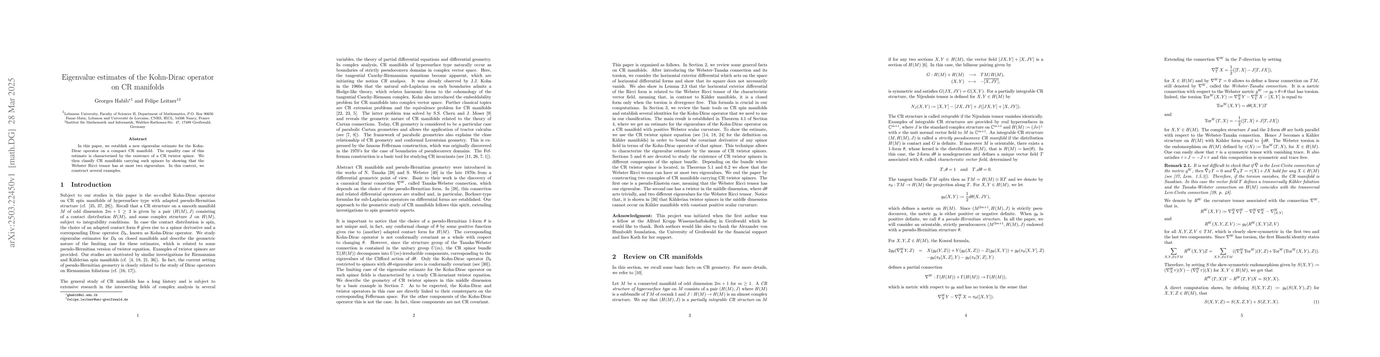 Thumbnail for Eigenvalue estimates of the Kohn-Dirac operator on CR manifolds