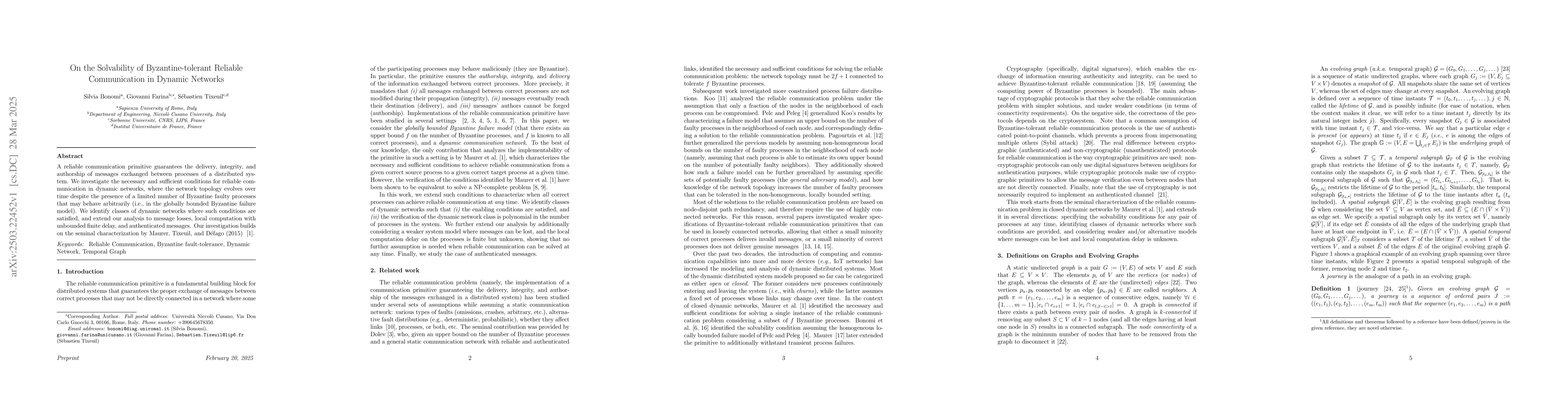 Thumbnail for On the Solvability of Byzantine-tolerant Reliable Communication in
  Dynamic Networks