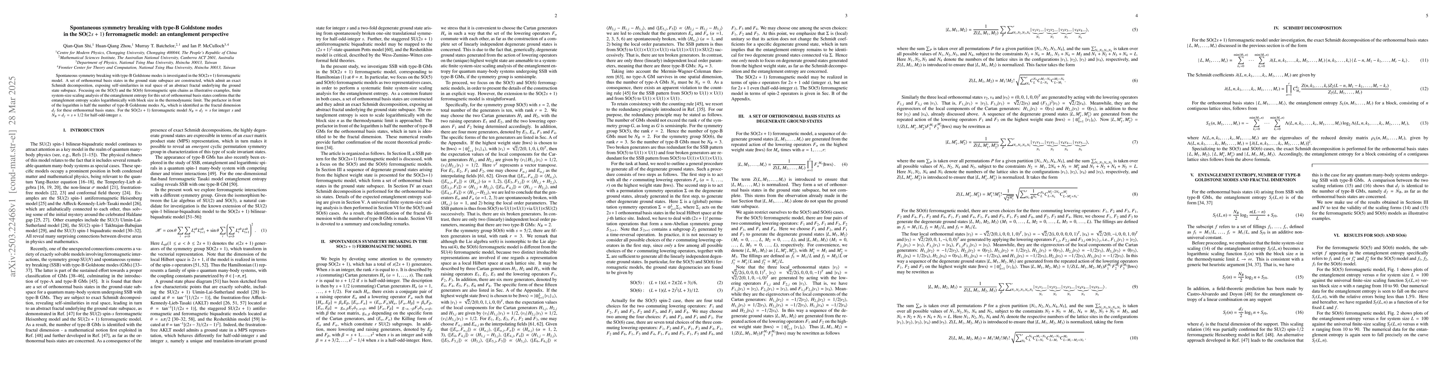 Thumbnail for Spontaneous symmetry breaking with type-B Goldstone modes in the
  SO($2s+1$) ferromagnetic model: an entanglement perspective