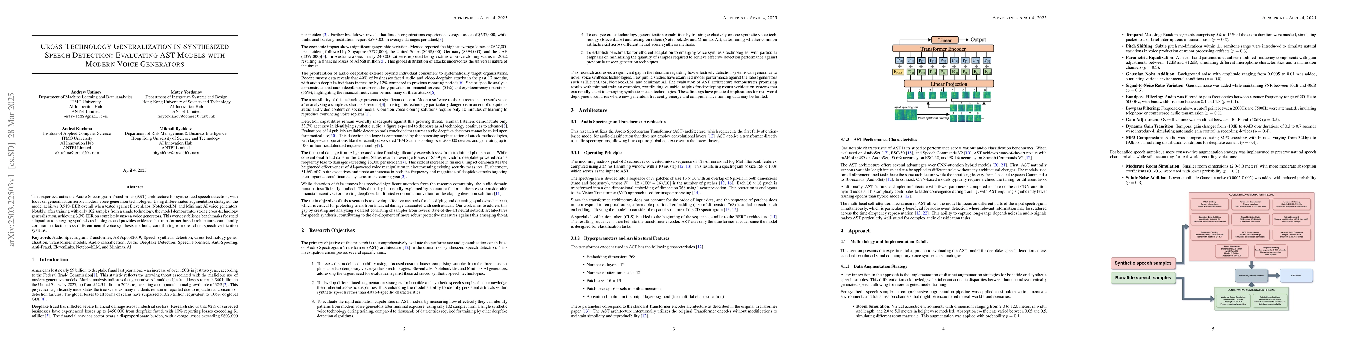 Thumbnail for Cross-Technology Generalization in Synthesized Speech Detection:
  Evaluating AST Models with Modern Voice Generators