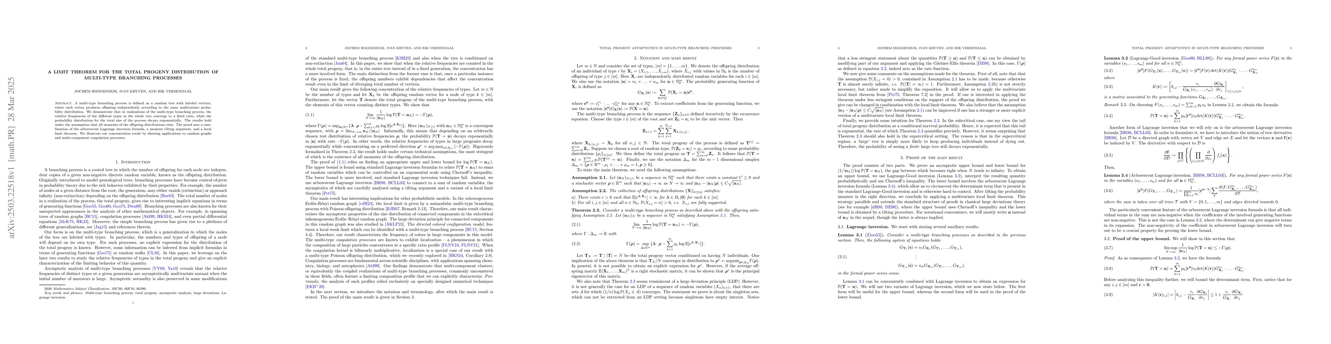 Thumbnail for A limit theorem for the total progeny distribution of multi-type
  branching processes