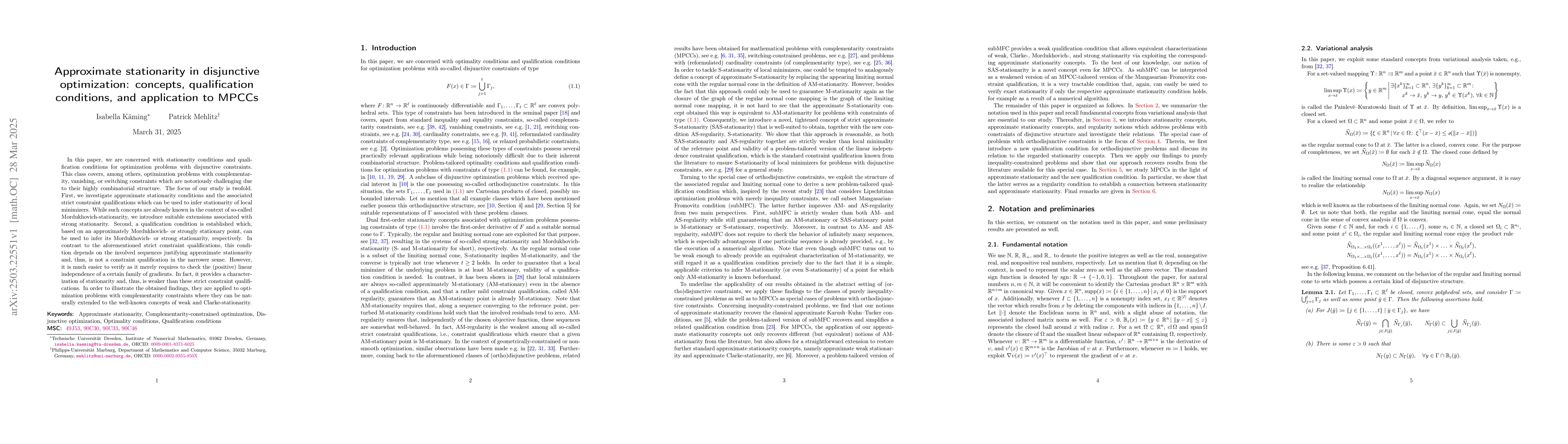 Thumbnail for Approximate stationarity in disjunctive optimization: concepts,
  qualification conditions, and application to MPCCs