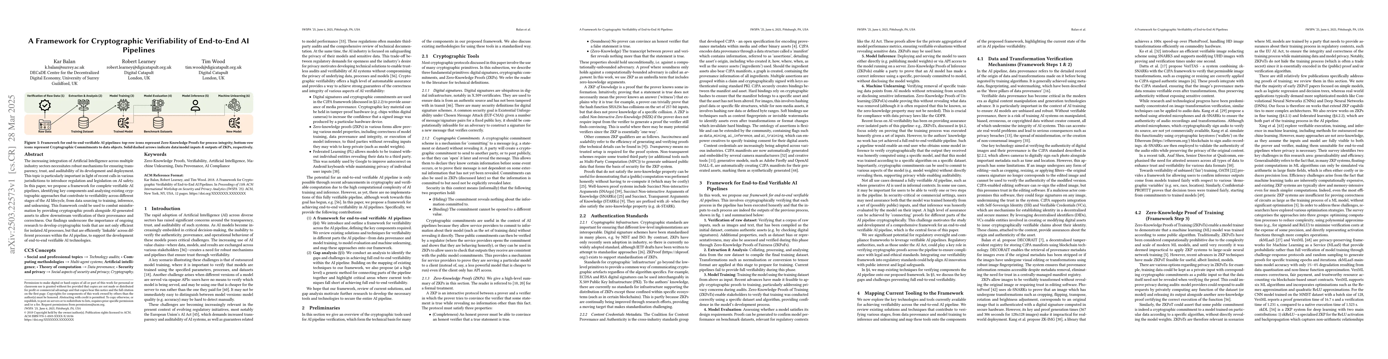 Thumbnail for A Framework for Cryptographic Verifiability of End-to-End AI Pipelines