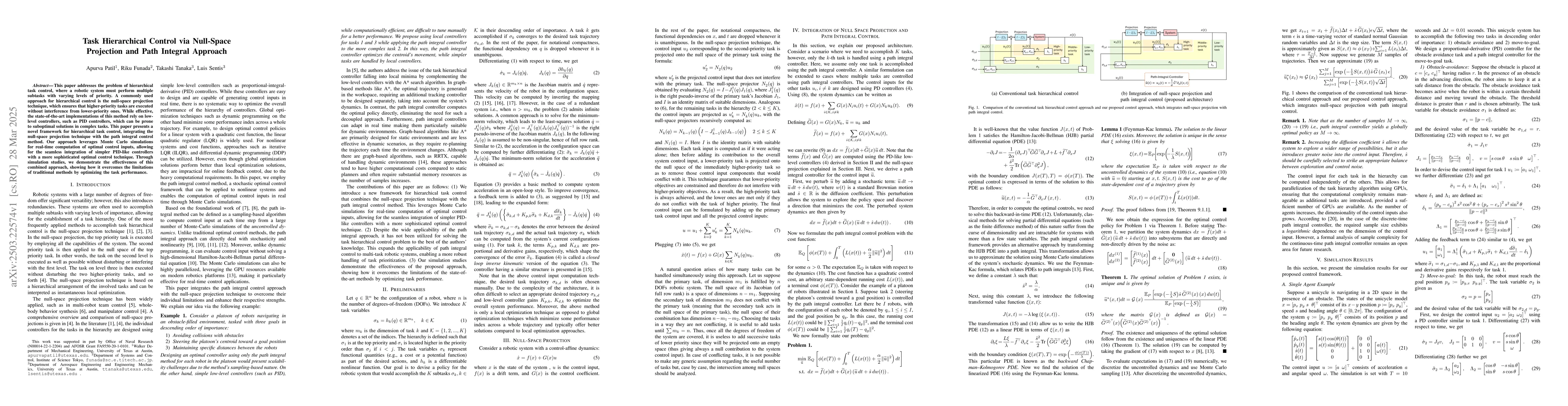 Thumbnail for Task Hierarchical Control via Null-Space Projection and Path Integral
  Approach