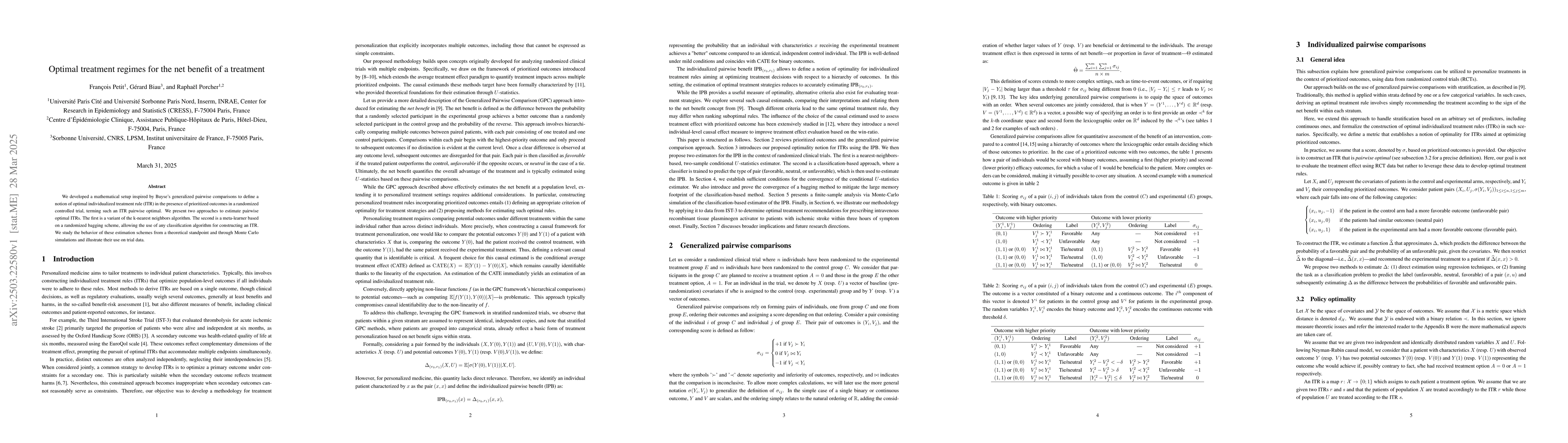 Thumbnail for Optimal treatment regimes for the net benefit of a treatment