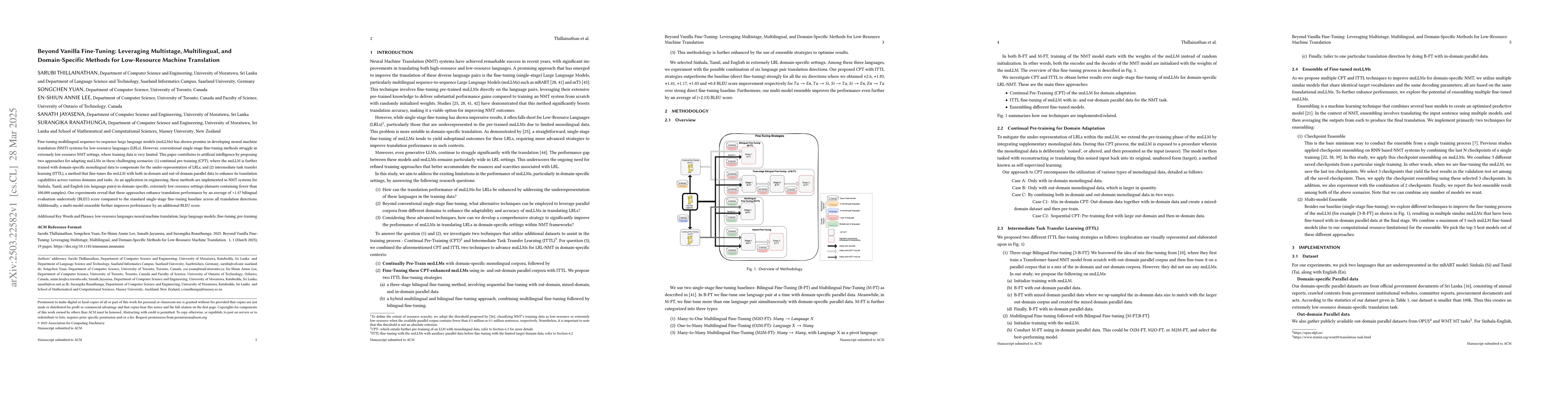 Thumbnail for Beyond Vanilla Fine-Tuning: Leveraging Multistage, Multilingual, and
  Domain-Specific Methods for Low-Resource Machine Translation