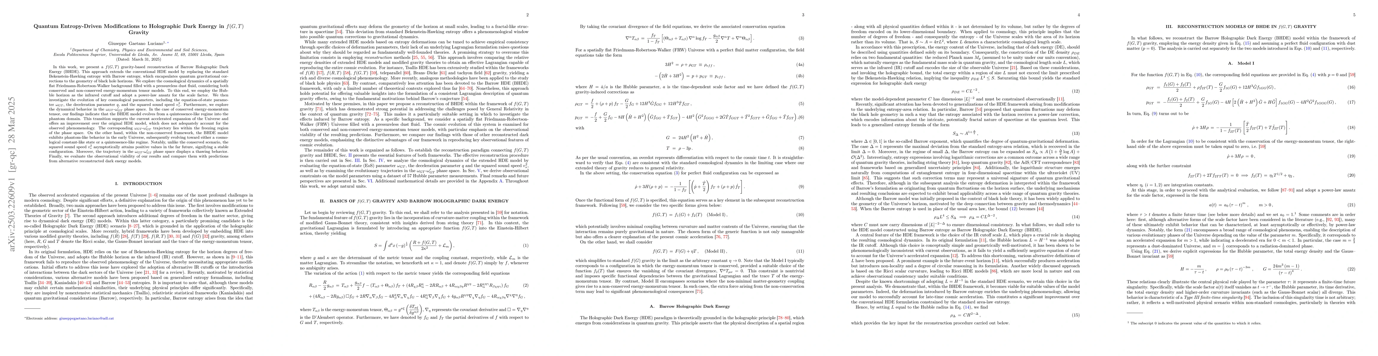 Thumbnail for Quantum Entropy-Driven Modifications to Holographic Dark Energy in
  $f(G,T)$ Gravity