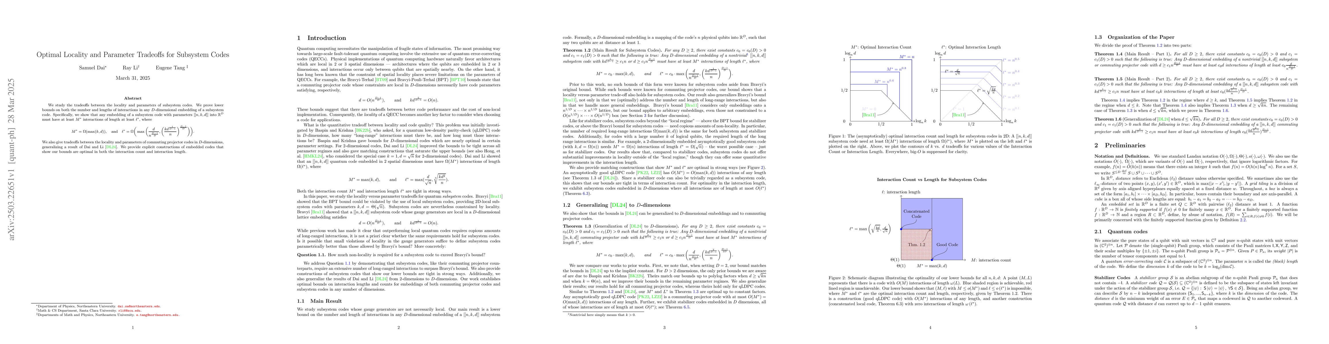 Thumbnail for Optimal Locality and Parameter Tradeoffs for Subsystem Codes