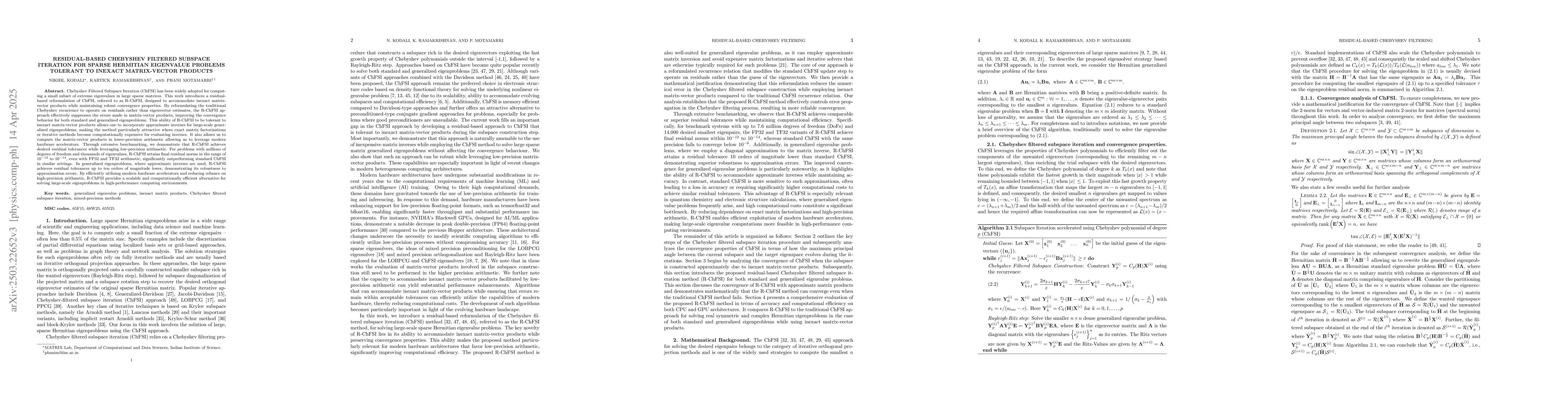 Thumbnail for Residual-based Chebyshev filtered subspace iteration for sparse
  Hermitian eigenvalue problems tolerant to inexact matrix-vector products