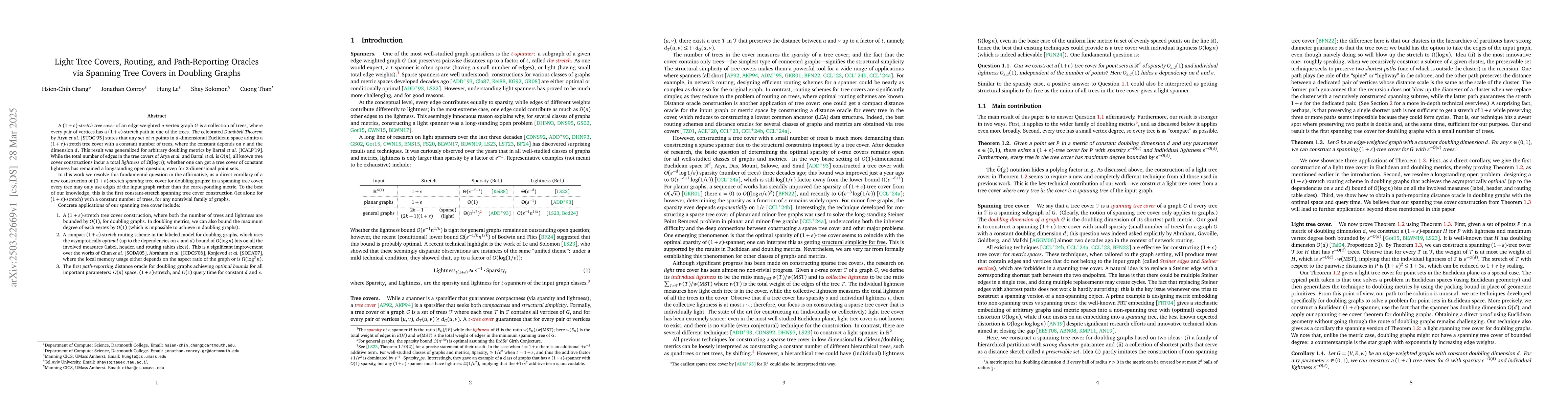 Thumbnail for Light Tree Covers, Routing, and Path-Reporting Oracles via Spanning Tree
  Covers in Doubling Graphs