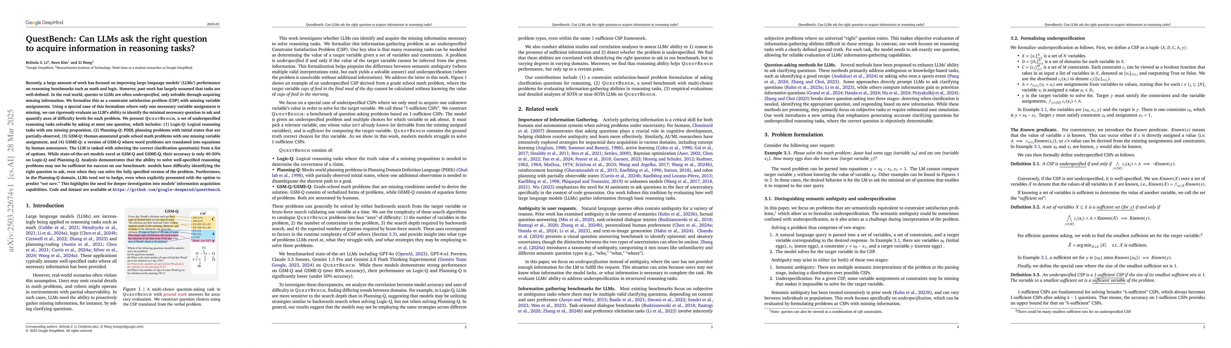 Thumbnail for QuestBench: Can LLMs ask the right question to acquire information in
  reasoning tasks?