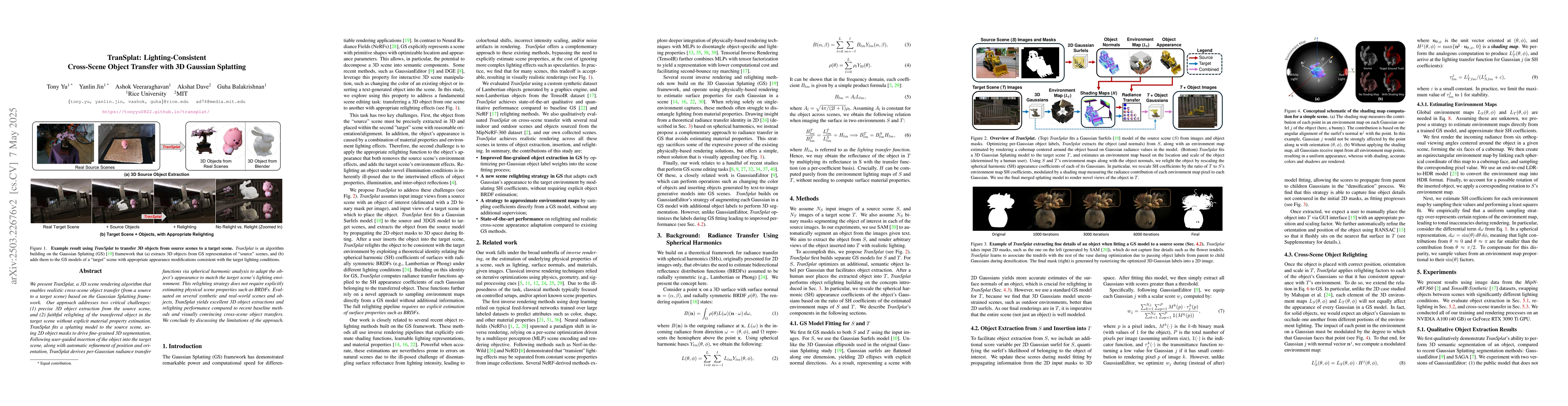 Thumbnail for TranSplat: Lighting-Consistent Cross-Scene Object Transfer with 3D
  Gaussian Splatting