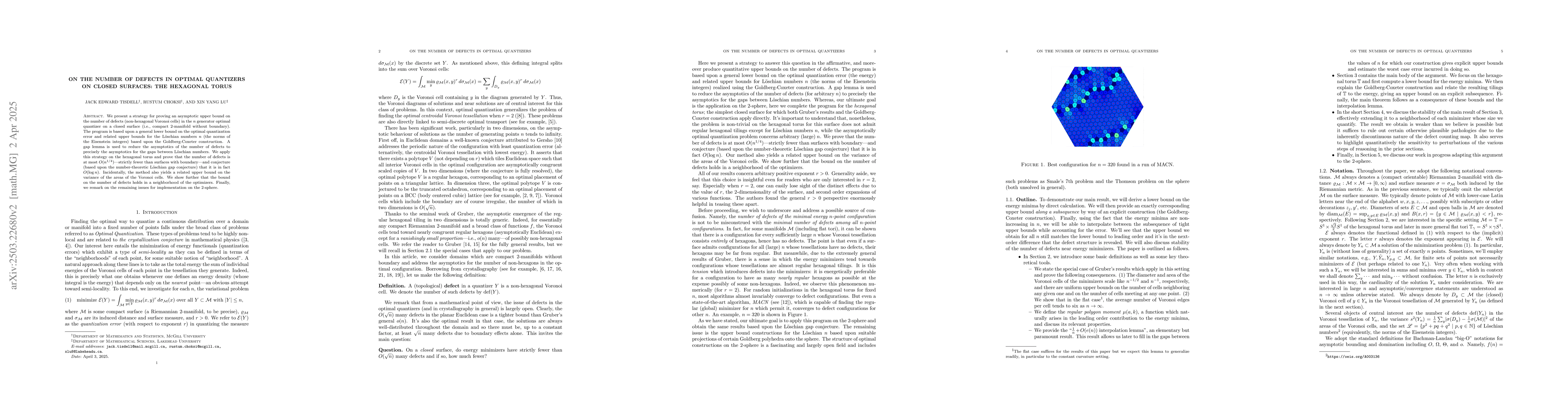 Thumbnail for On the number of defects in optimal quantizers on closed surfaces: the
  hexagonal torus