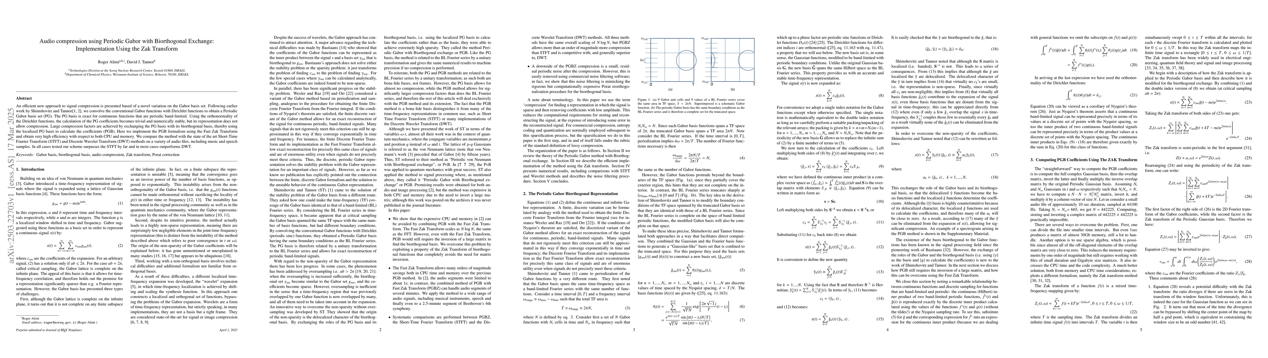 Thumbnail for Audio Compression using Periodic Gabor with Biorthogonal Exchange:
  Implementation Using the Zak Transform