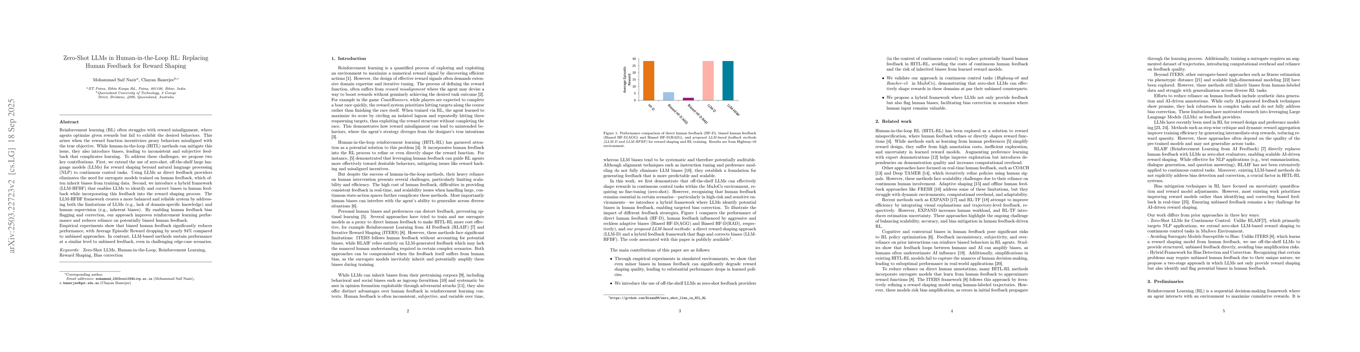 Thumbnail for Zero-Shot LLMs in Human-in-the-Loop RL: Replacing Human Feedback for
  Reward Shaping