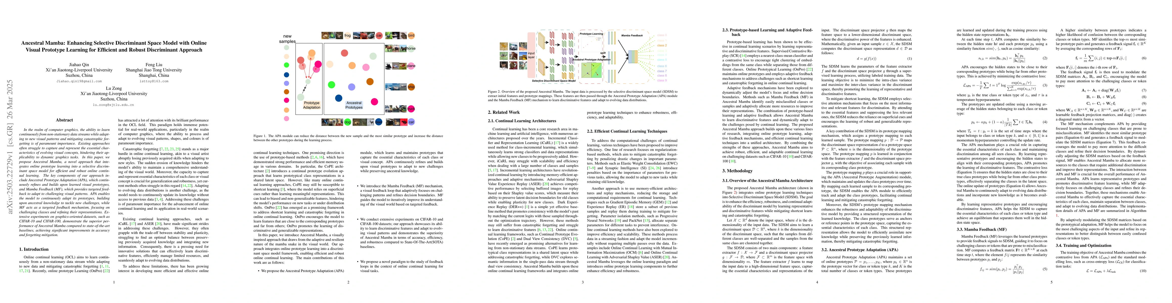 Thumbnail for Ancestral Mamba: Enhancing Selective Discriminant Space Model with
  Online Visual Prototype Learning for Efficient and Robust Discriminant
  Approach