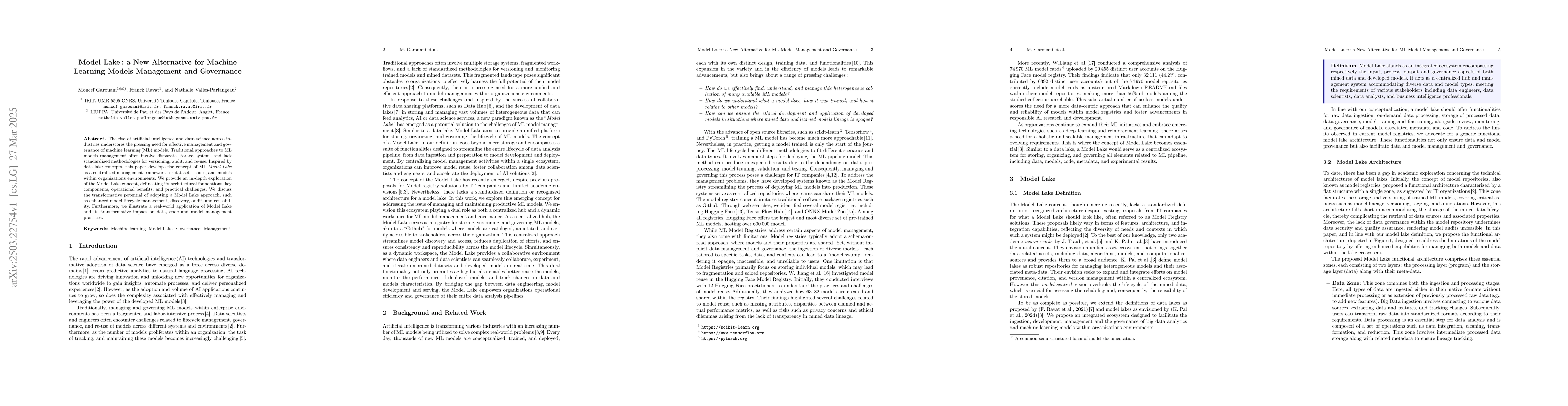 Thumbnail for Model Lake: a New Alternative for Machine Learning Models Management and
  Governance
