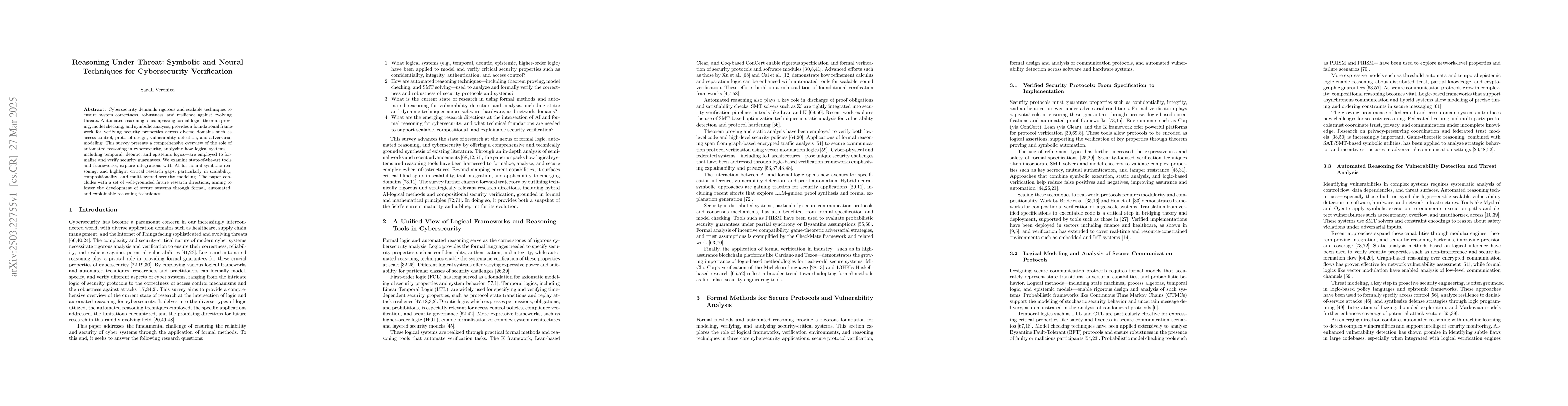 Thumbnail for Reasoning Under Threat: Symbolic and Neural Techniques for Cybersecurity
  Verification