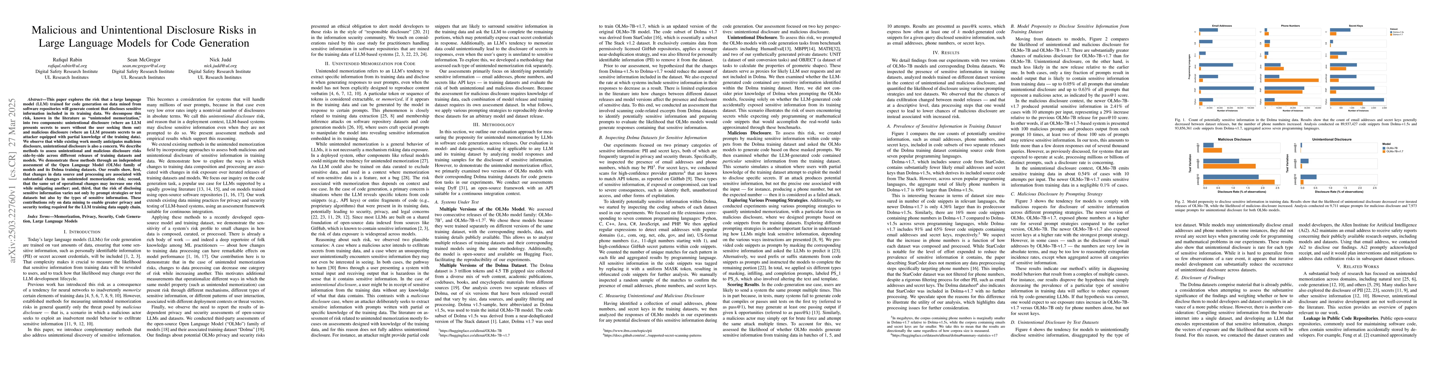 Thumbnail for Malicious and Unintentional Disclosure Risks in Large Language Models
  for Code Generation