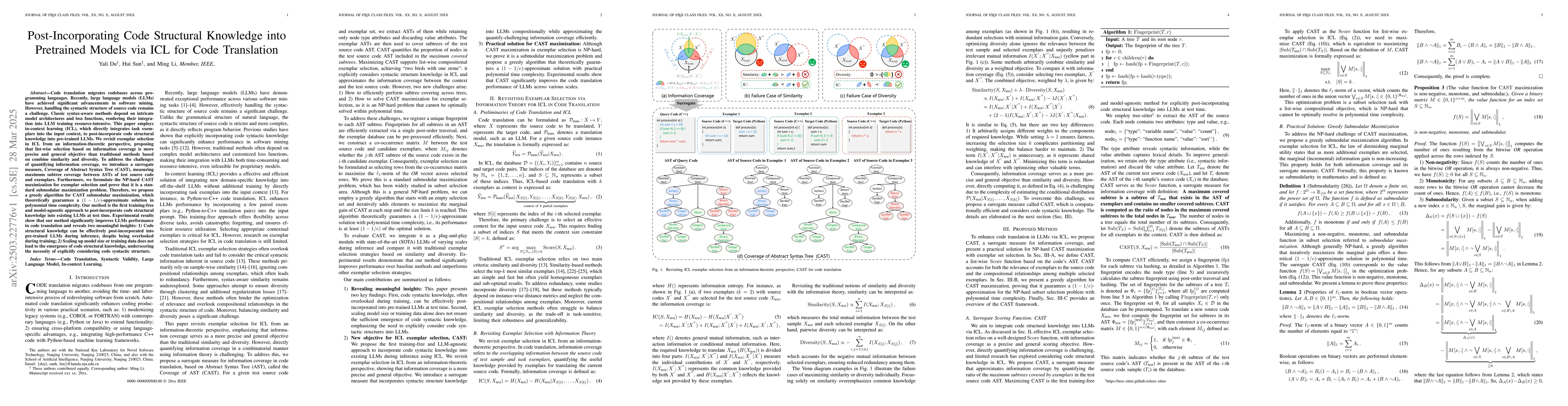 Thumbnail for Post-Incorporating Code Structural Knowledge into LLMs via In-Context
  Learning for Code Translation