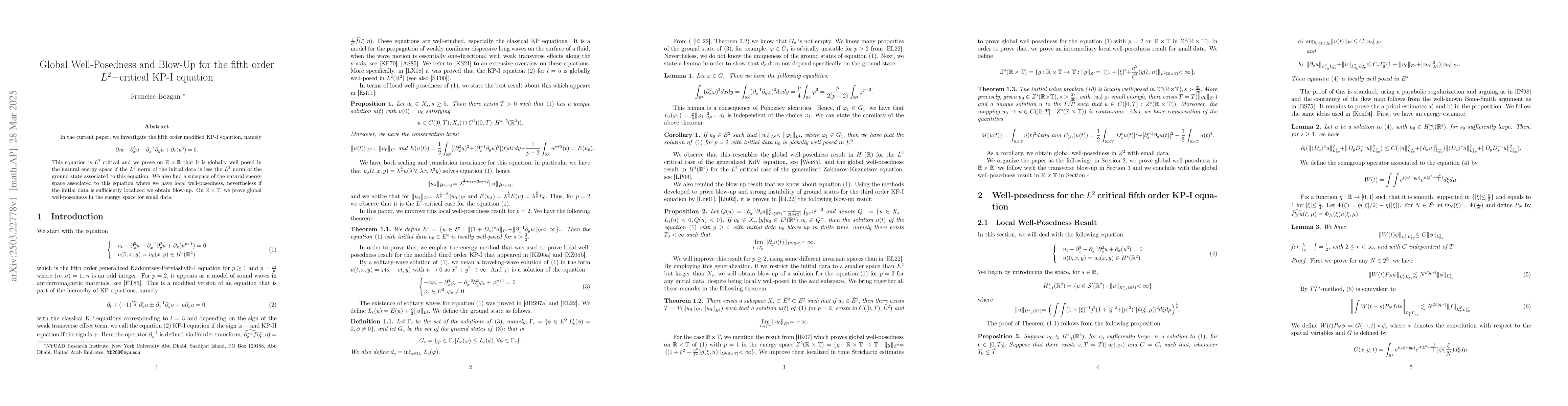 Thumbnail for Global Well-Posedness and Blow-Up for the fifth order $L^2-$critical
  KP-I equation