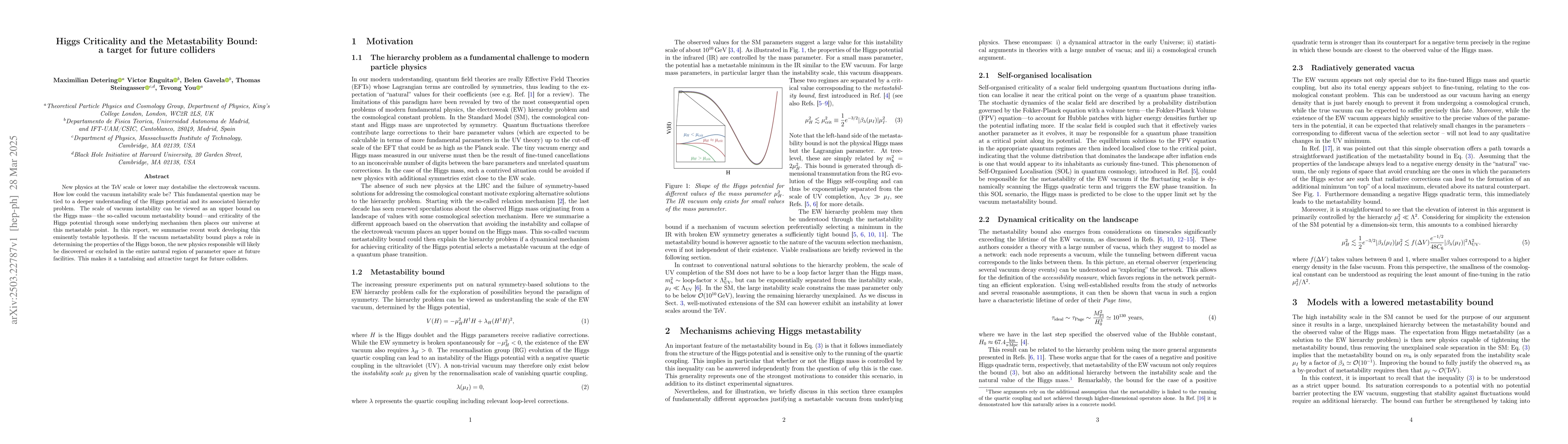 Thumbnail for Higgs Criticality and the Metastability Bound: a target for future
  colliders