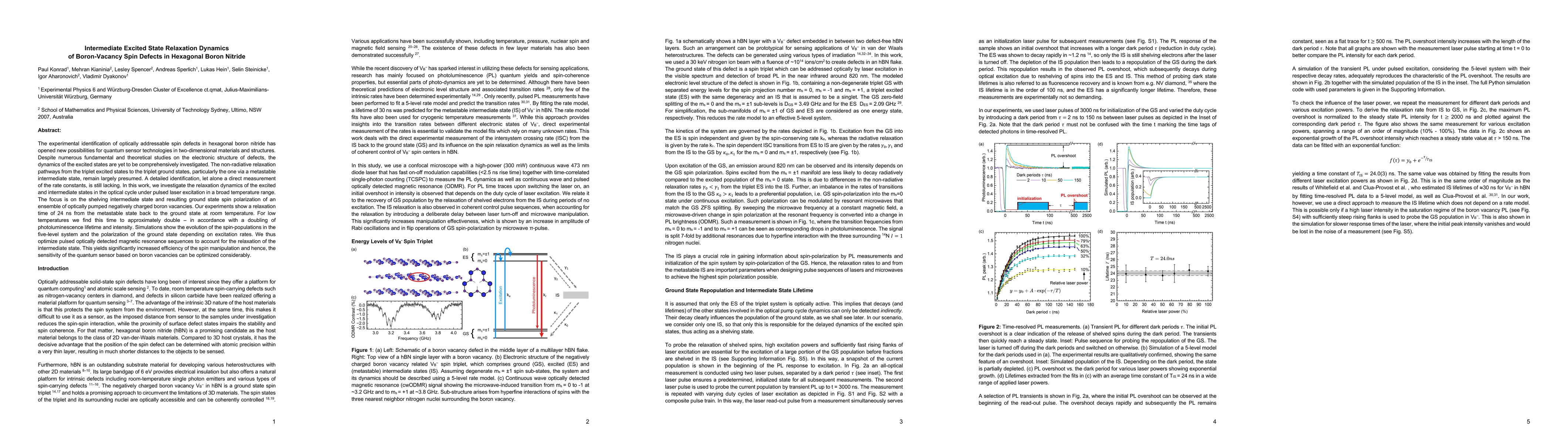 Thumbnail for Intermediate Excited State Relaxation Dynamics of Boron-Vacancy Spin
  Defects in Hexagonal Boron Nitride