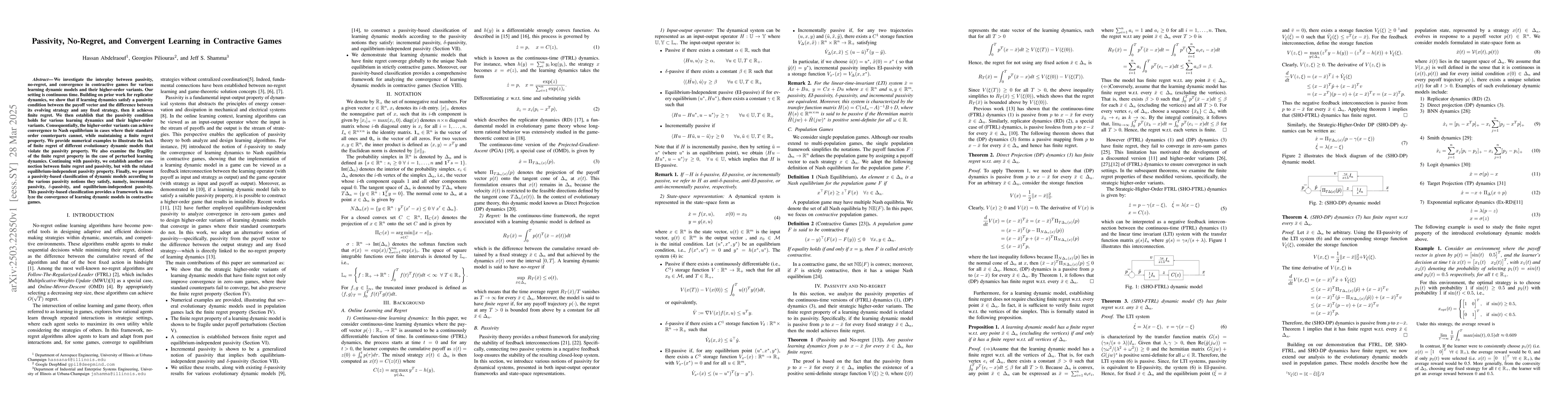 Thumbnail for Passivity, No-Regret, and Convergent Learning in Contractive Games