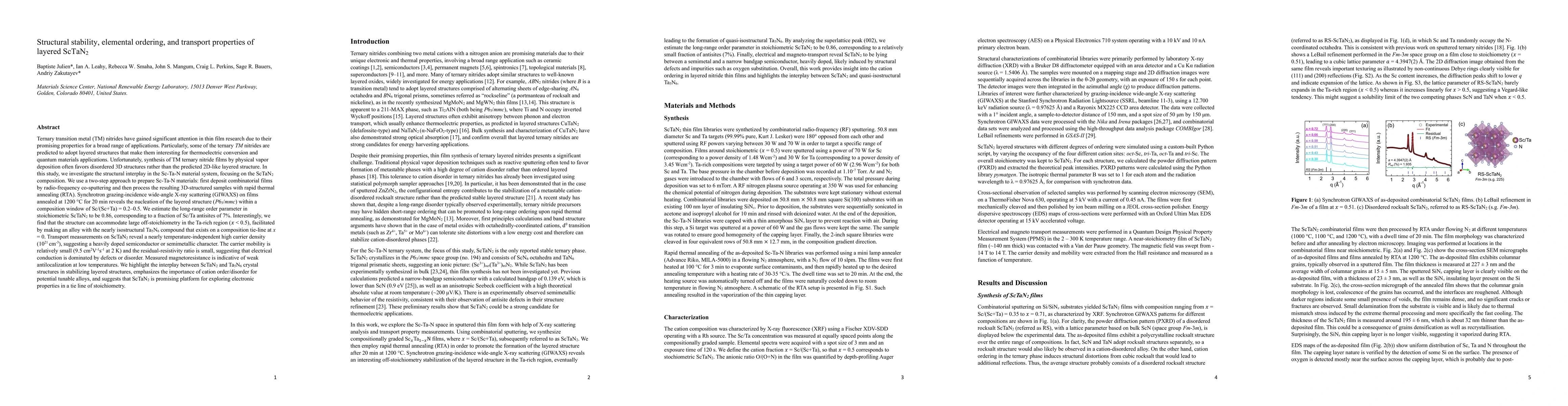 Thumbnail for Structural stability, elemental ordering, and transport properties of
  layered ScTaN2