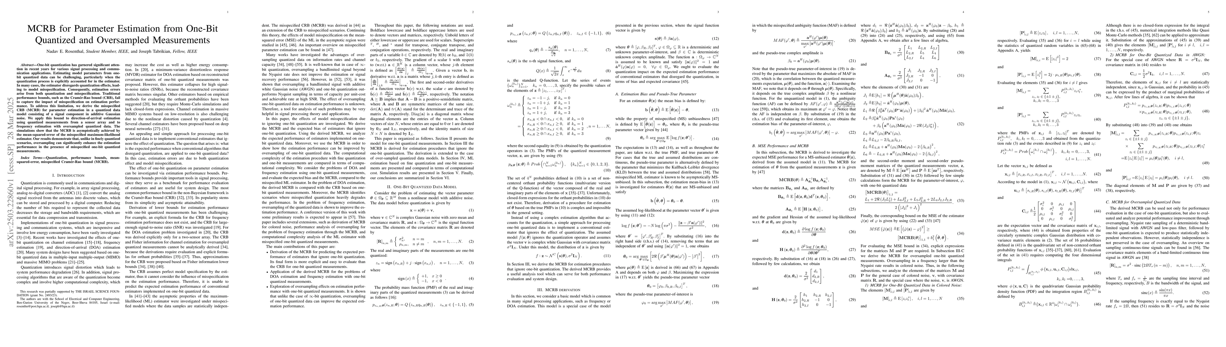 Thumbnail for MCRB for Parameter Estimation from One-Bit Quantized and Oversampled
  Measurements