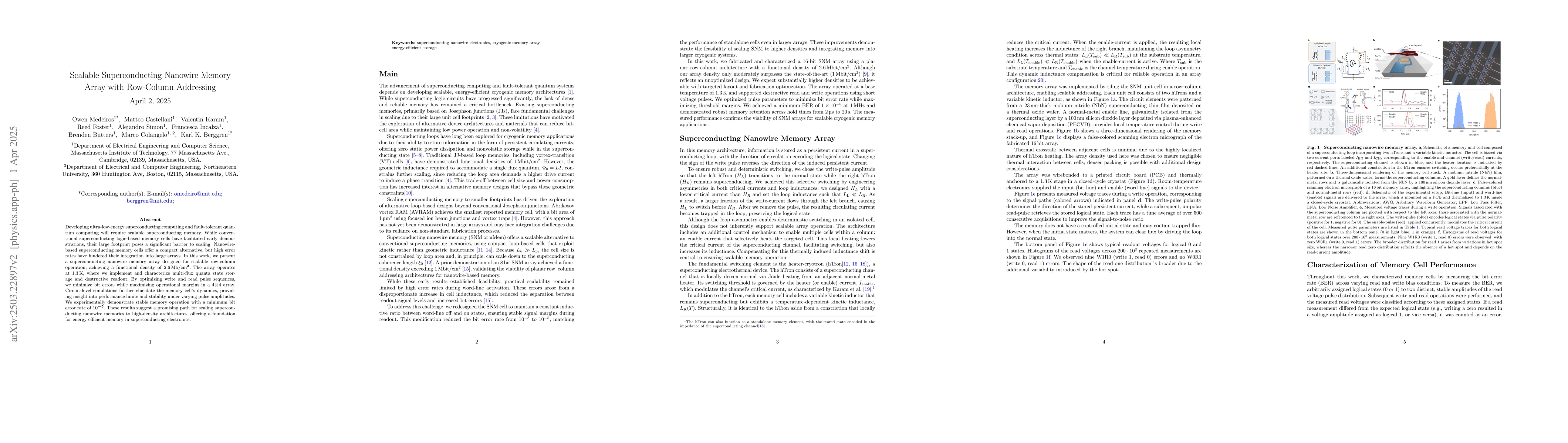 Thumbnail for Scalable Superconducting Nanowire Memory Array with Row-Column
  Addressing