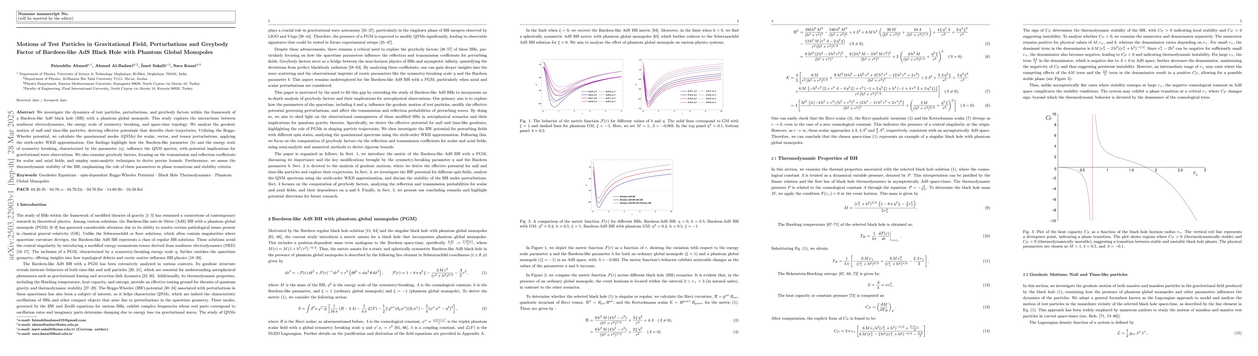 Thumbnail for Motions of Test Particles in Gravitational Field, Perturbations and
  Greybody Factor of Bardeen-like AdS Black Hole with Phantom Global Monopoles