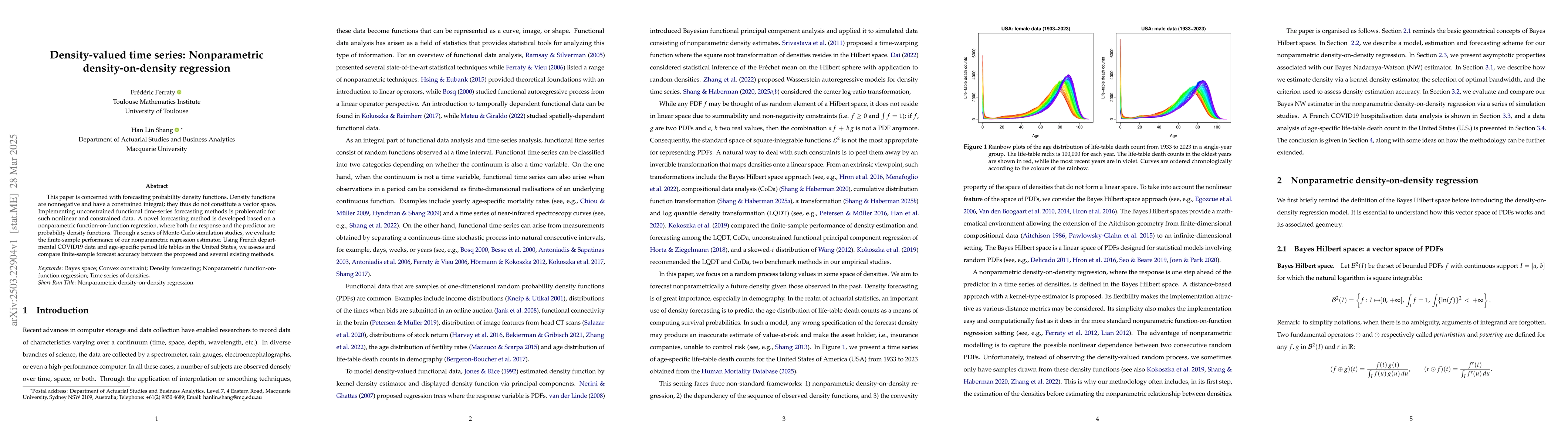 Thumbnail for Density-valued time series: Nonparametric density-on-density regression