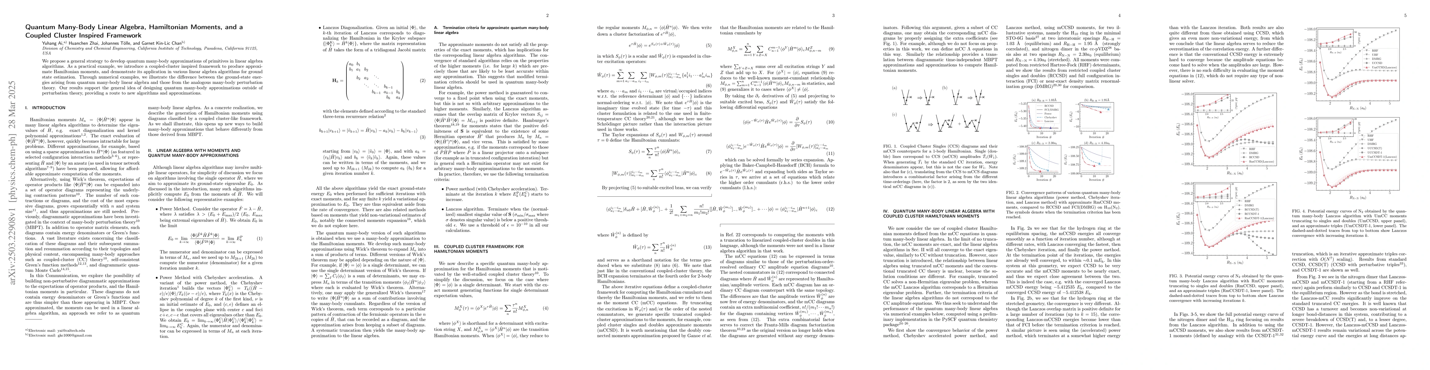 Thumbnail for Quantum Many-Body Linear Algebra, Hamiltonian Moments, and a Coupled
  Cluster Inspired Framework