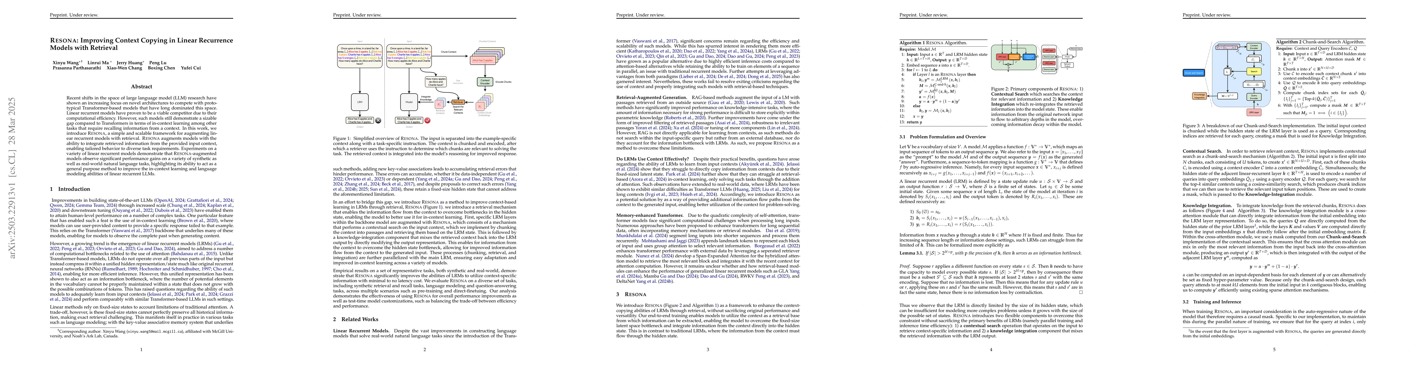 Thumbnail for Resona: Improving Context Copying in Linear Recurrence Models with
  Retrieval
