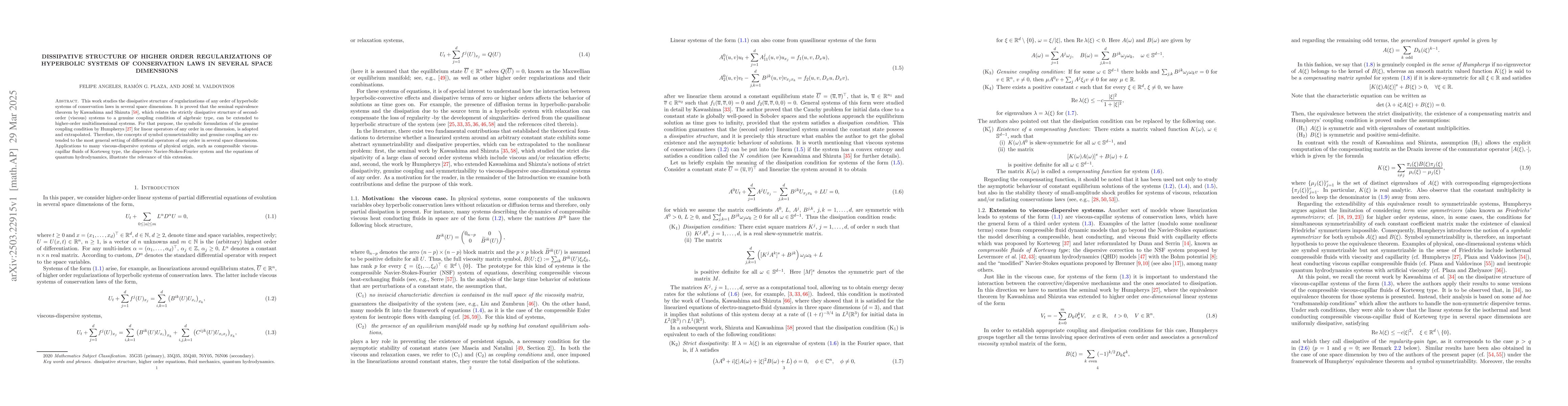 Thumbnail for Dissipative structure of higher order regularizations of hyperbolic
  systems of conservation laws in several space dimensions