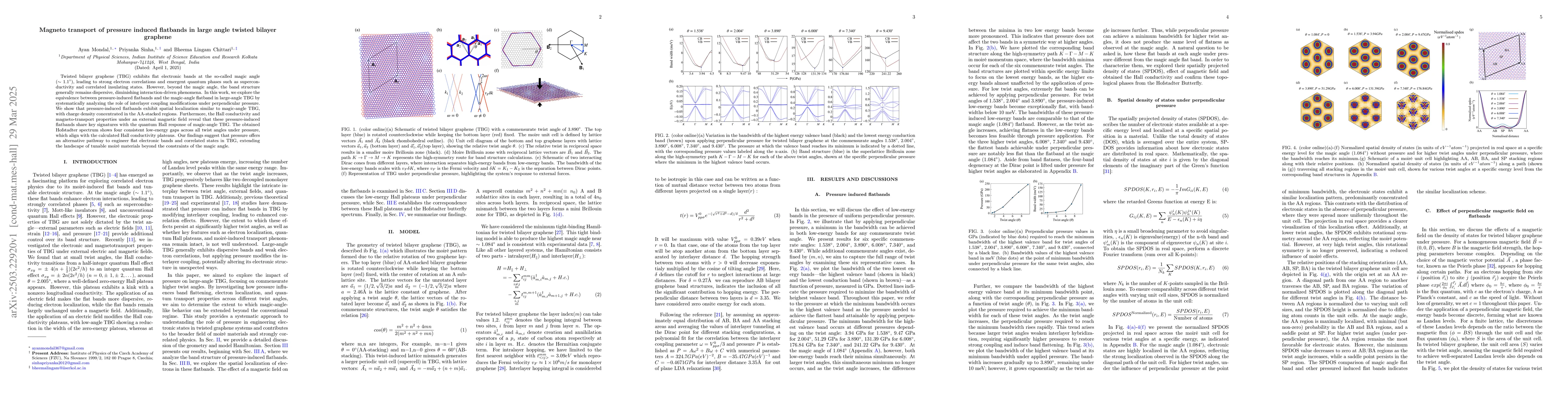 Thumbnail for Magneto transport of pressure induced flatbands in large angle twisted
  bilayer graphene